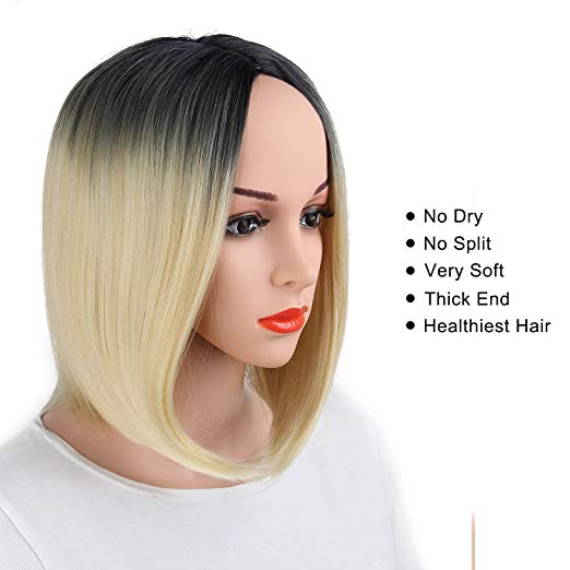 BARSDAR 14" Girl’s Short Ombre Bob Hair Wigs Straight Synthetic Colorful Halloween Cosplay Daily Party Wig for Women Natural Looking Heat Resistant As Real Hair-Black to Blonde